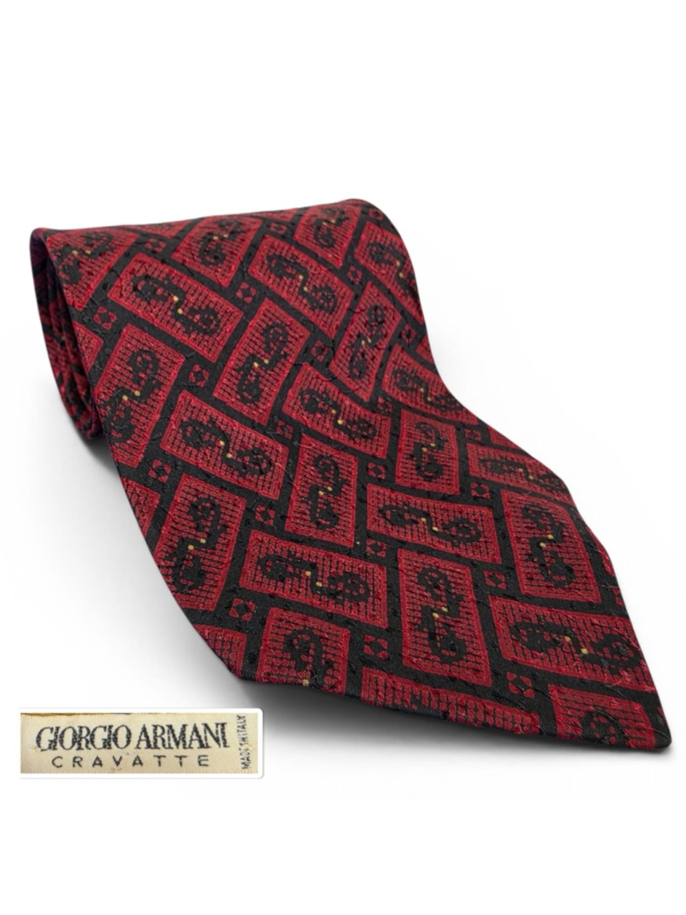 Vintage Giorgio Armani Cravatte Silk Necktie Red Black Paisley Geometric